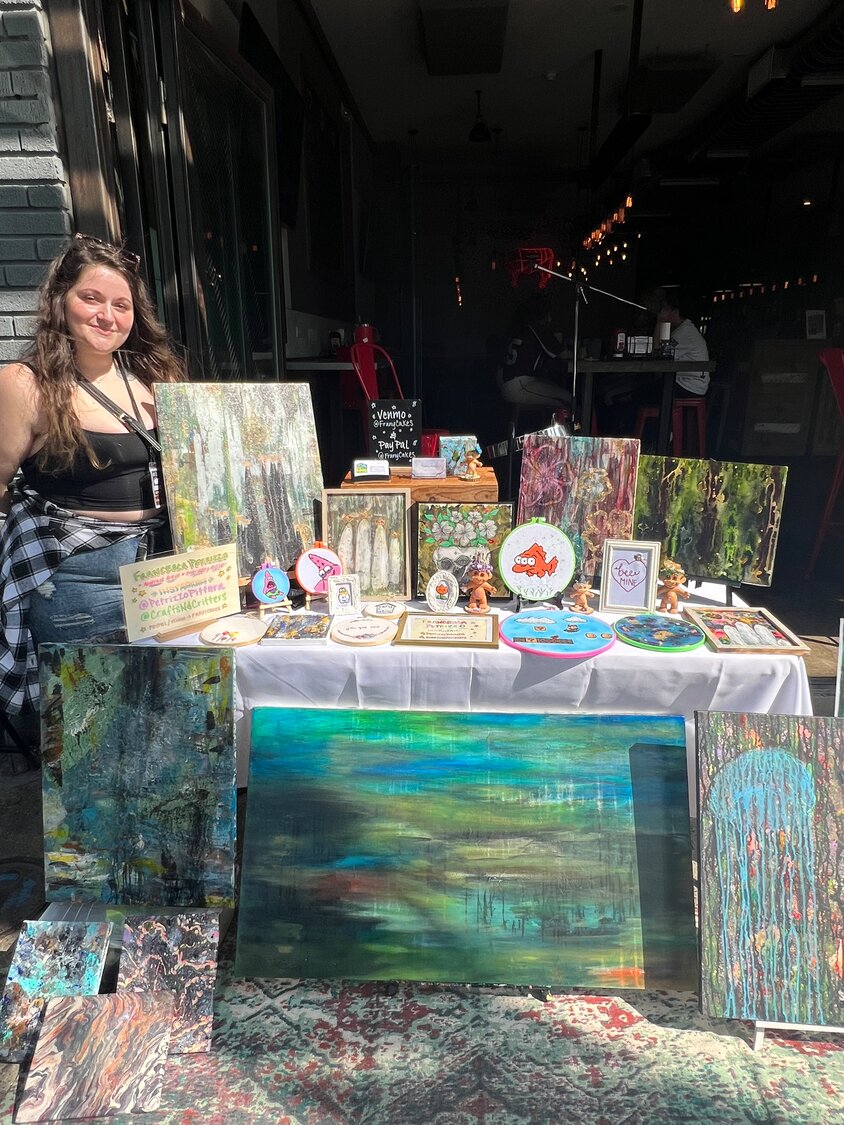 Francesca Petrizzo brought her acrylic abstract paintings to the Art Crawl.